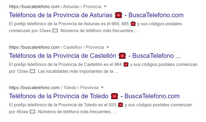 Captura de Busqueda con emojis en titulos - Ejemplo Buscatelefono.com