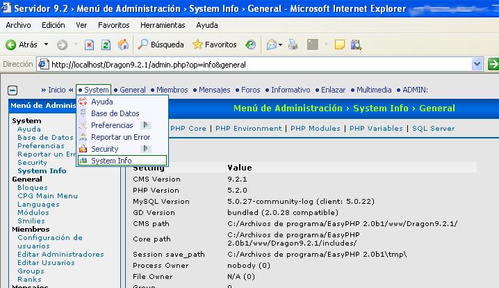 Menu de System Info - Información de Sistema